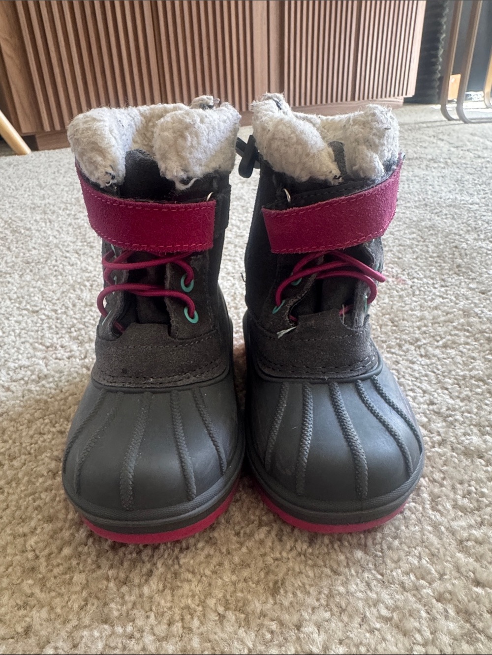 Cat & Jack Gray Kids Snow Boots with Pink and Teal Accents